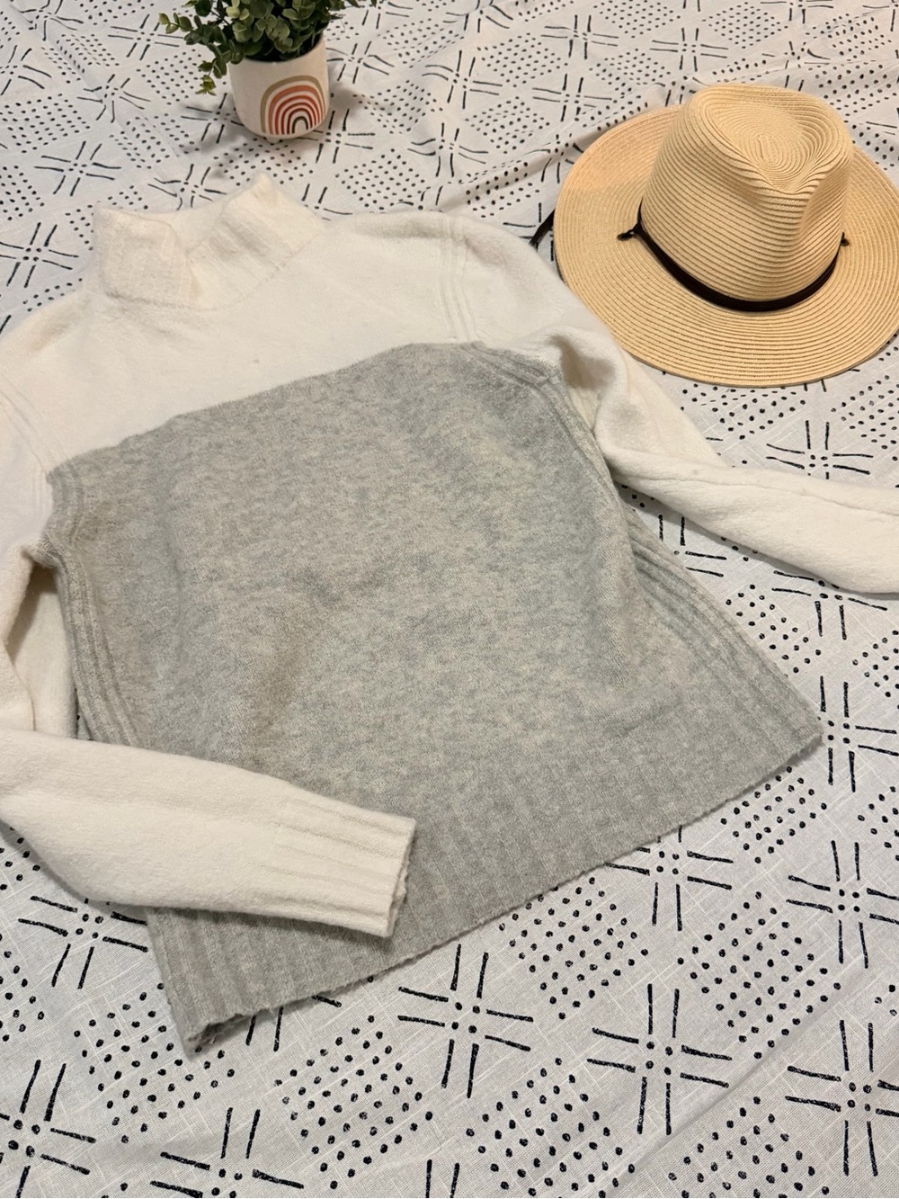 J. Crew Two-Tone Mock Neck Sweater in White and Light Gray